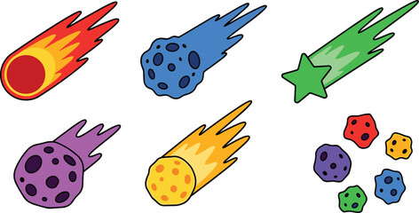 Outer Space Comet and Asteroid Icon Set with Falling Meteorites, Shooting Stars, Fireball Streaks, and Cosmic Galaxy Space Rock Symbols © MdMojnu