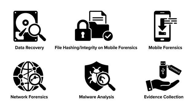 Digital forensics icons, cybersecurity symbols, computer security graphics, forensic analysis signs