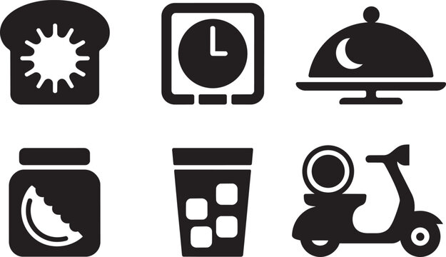 Modern breakfast bread clock catering cloche platter food delivery icons set in solid style jar