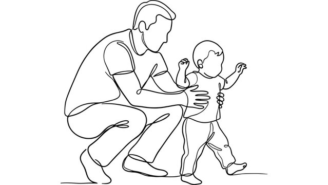 Father supports baby's first steps in continuous line art drawing