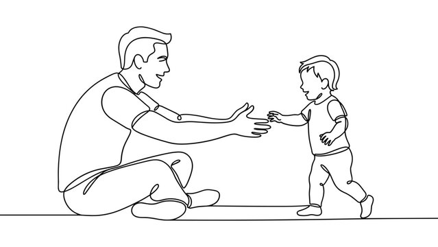 Father and Child First Steps, One Line Drawing