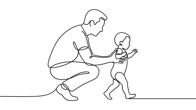 Father teaching baby first steps, continuous line drawing illustration