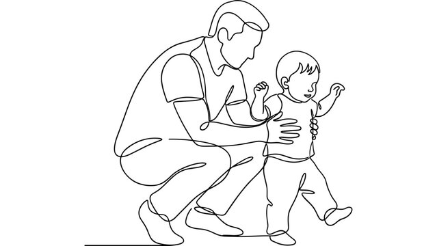 Father teaching baby to walk, continuous line art drawing, family bonding, first steps, parenting support