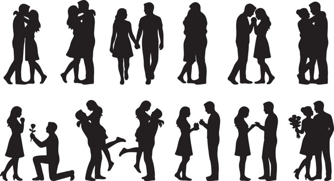 Set of black silhouette vectors featuring romantic couples in various poses including hugging, kissing, walking, and proposing