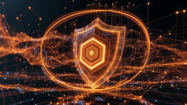 Abstract glowing shield with orange tech lines in digital style on dark background, concept of cybersecurity protection