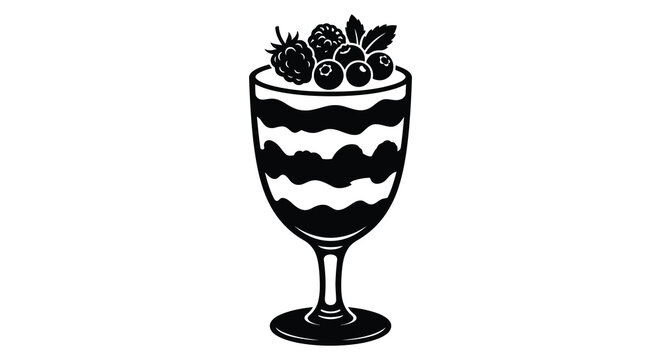Berry trifle dessert in glass black and white silhouette
