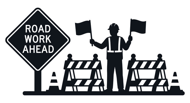 Road work ahead sign with construction workers black silhouette