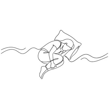 Person sleeping curled up on pillow, illustration, white background