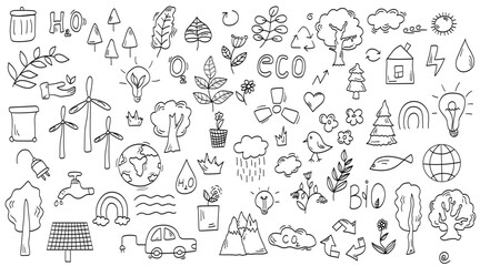 Fototapeta premium Collection of ecofriendly environmental icons featuring renewable energy water conservation and nature symbols isolated on transparent background