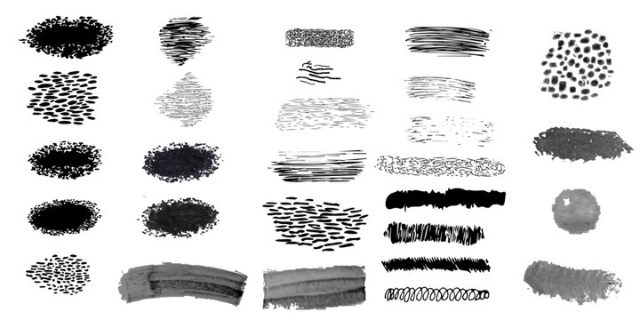 Collection of diverse black and white abstract textured brush strokes and patterns created with various artistic techniques isolated on a transparent background for graphic design elements