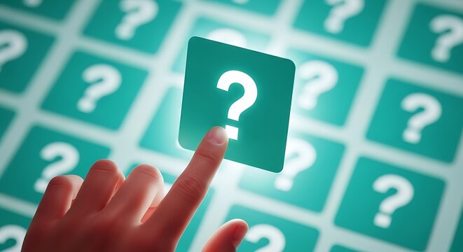 Finger pointing at glowing question mark icon on a grid of question marks question mark, icon, symbol, help, support, information, confusion