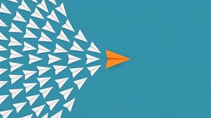 Orange paper airplane leading a flock of white paper airplanes across a teal blue origami