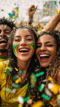 Group of happy Brazilian football fans with green and yellow face paint hugging and laughing under falling confetti