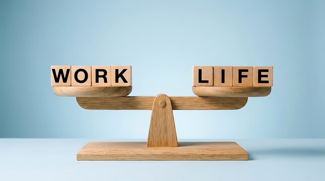 Wooden balance scale with blocks spelling WORK on one side and LIFE on the other work life