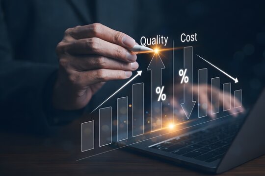 Quality increase and cost optimization for products or services to improve efficiency. Businessman use computer with quality control growth graph and cost reduction, Effective business, Efficient Risk