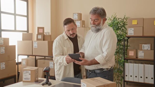 Man holds tablet while another worker points to screen in building surrounded by boxes and parcels; teamwork.