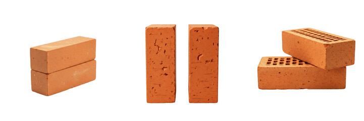 Two solid red terracotta clay bricks standing upright PNG on transparent background. Construction, building material masonry stock asset. © Qari