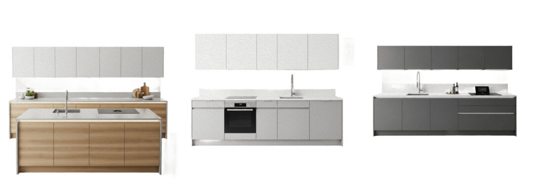 Minimalist modern white kitchen cabinets and countertop PNG on transparent background. Contemporary interior design furniture stock asset.
