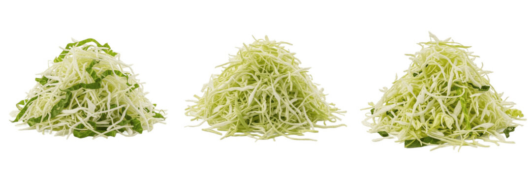 Heap of fresh shredded green cabbage lettuce PNG isolated on transparent background. Raw organic vegetable salad ingredient graphic asset.
