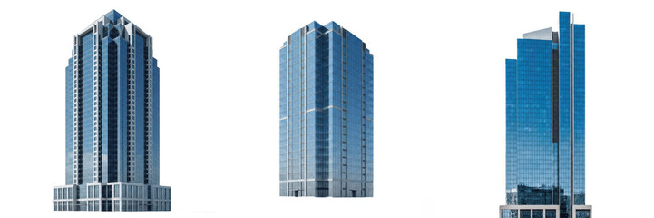Naklejka premium Set of Three Modern Glass Skyscraper Buildings Isolated on White Background, Contemporary City Architecture, Business Office Towers, Urban Real Estate, High-Rise Exterior Design Elements for Architect