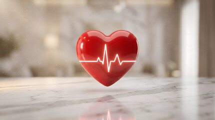 Fototapeta premium Glossy red 3d heart with glowing white ecg heartbeat line floating above marble surface background