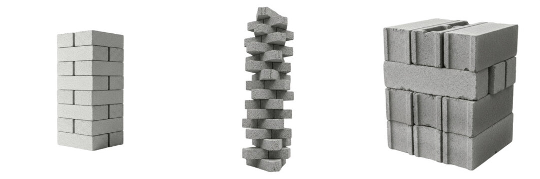 Collection of grey concrete blocks and brick stacks for construction. Isolated on white background, ideal for architecture, masonry, building materials, and industrial project imagery