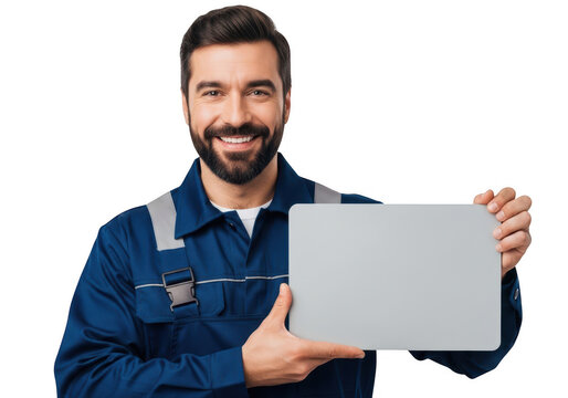 Smiling man in blue uniform holding a white tablet isolated on transparent background