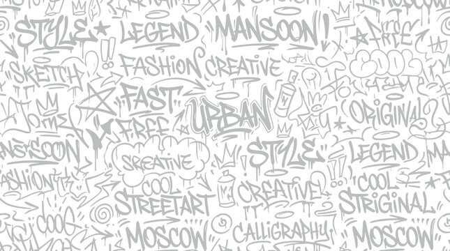 Urban Graffiti Seamless Pattern With Hand Drawn Street Art Lettering Tags Words And Hip Hop Elements Vector Illustration