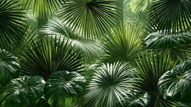 Green jungle leaves and palm fronds shimmer in the summer sun, creating an exotic tropical paradise feel.