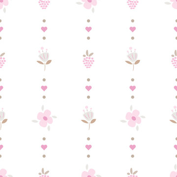 Fun Whimsy Stripes with berry, flowers and hearts seamless pattern. Vertical pink on white cute wallpaper striped