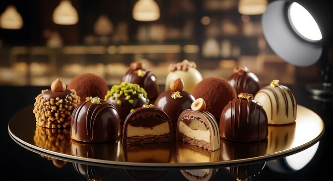 Assortment of Gourmet Chocolate Truffles and Pralines on a Golden Serving Tray assorted chocolates dessert