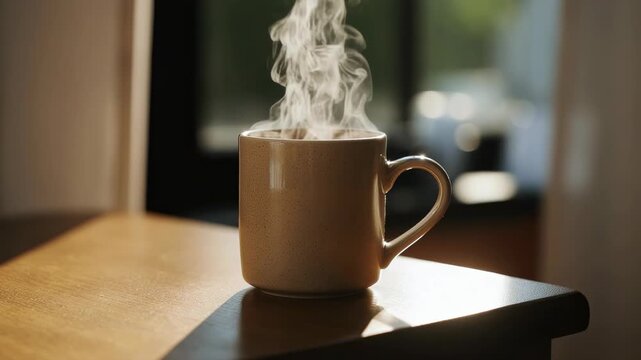 Ceramic coffee mug sits on a wooden table with soft morning sunlight highlighting the rising steam and smooth matte texture of the beverage container.