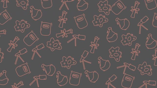 Hand-drawn science icons float gently on dark gray background. Symbols include beakers, flasks, and microscopes in soft peach lines. Pattern repeats without distraction. Ideal for lab journals