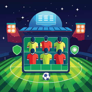 Football Formation Lineup Infographic Template with Red Soccer Jerseys and Editable Player Name Tags, 3D Stadium Background Vector Illustration
