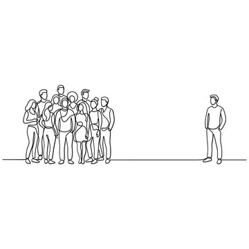 Lone man stands apart from crowd, minimalist line art, individuality concept