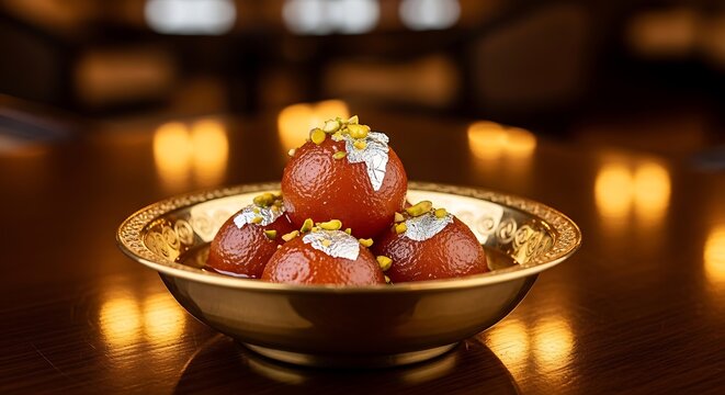 Gulab Jamun Indian Dessert in a Golden Bowl with Pistachios and Silver Leaf image (135