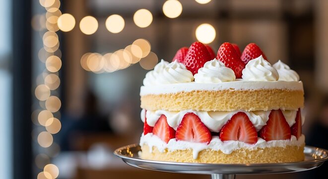 Layered strawberry cake with sponge, cream, and fresh strawberries on a silver platter image
