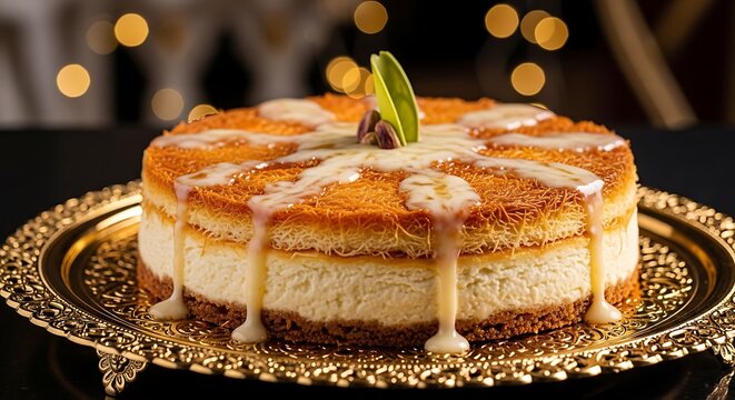 Layered Kunafa Cheesecake with Sweet Syrup Drizzle and Pistachio Garnish on Ornate Platter dessert pastry