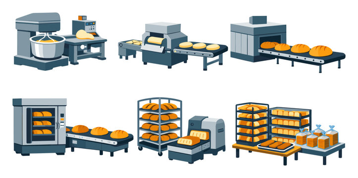 Automated bread factory machinery showing mixing, kneading, proofing, baking in ovens, slicing, and packing loaves