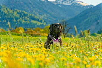 black Labrador retriever sitting  in a vibrant green spring meadow full of colorful blooming wildflowers on a sunny day." © Markus