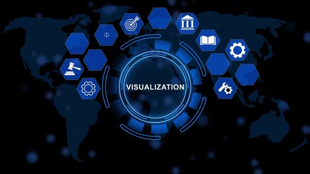 Digital Visualization concept with audit, risk management, security, finance and corporate governance on digital world map. animation