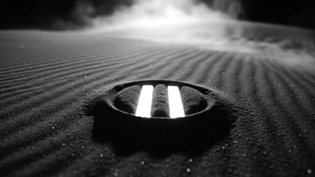 Mysterious glowing hatch emerges from dark sand dunes under a hazy atmospheric sky in cinematic black and white