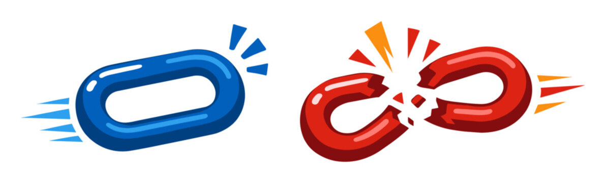 Broken red chain link symbolizing a failed connection or error and an intact blue link showing a fast, active network