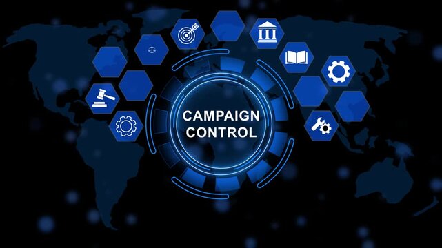 Digital Campaign Control concept with audit, risk management, security, finance and corporate governance on digital world map. animation