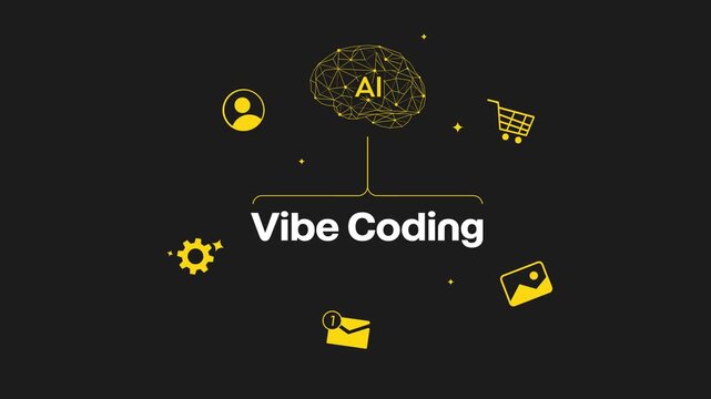 Artificial intelligence brain concept featuring coding symbols and vibe coding concept, innovation in 4k animation background
