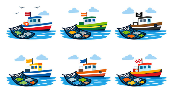 Fishing boats sailing on the ocean, trawling nets full of caught fish. Set of small colorful vessels for maritime concepts