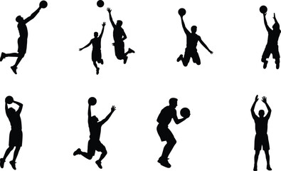 Basketball Player Silhouettes Collection with Jump Shot and Dunk Action Poses for Sports Vector Design © MdAbdullahAl