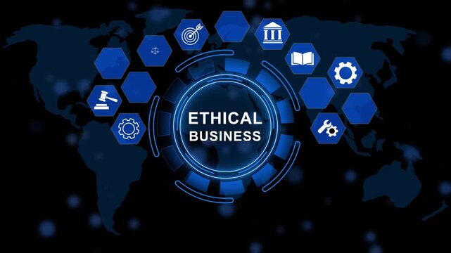 Digital Ethical business interface with central circular and surrounding hexagon icons for, cloud, security, automation. animation