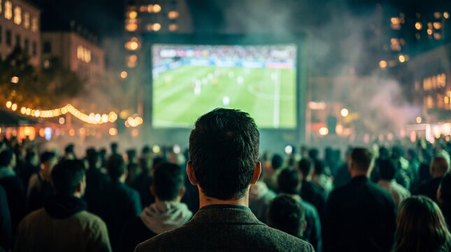 A large crowd of people watches a live football match on a giant screen during a night event in a city, creating an exciting and communal atmosphere.