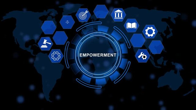Digital Empowerment interface with central circular and surrounding hexagon icons for, cloud, security, automation. animation